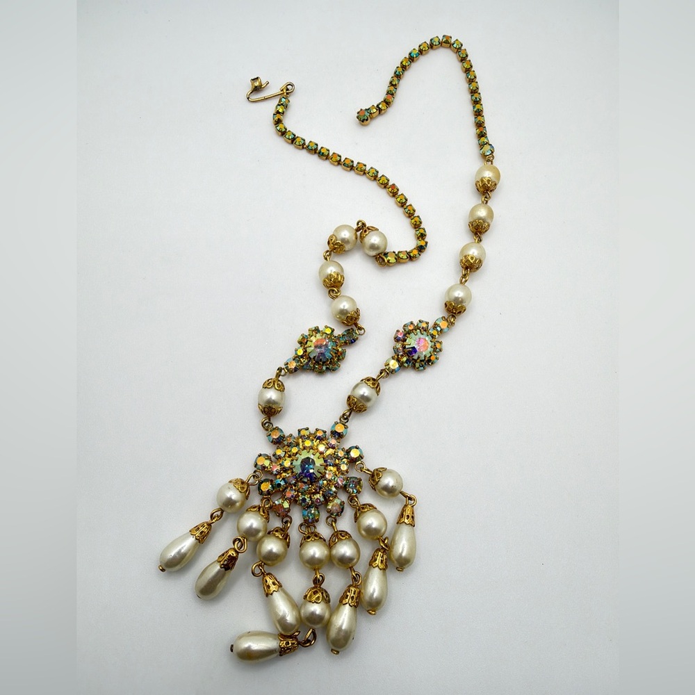 up to 16" Aurora Borealis and Faux Pearl, gold tone statement necklace!